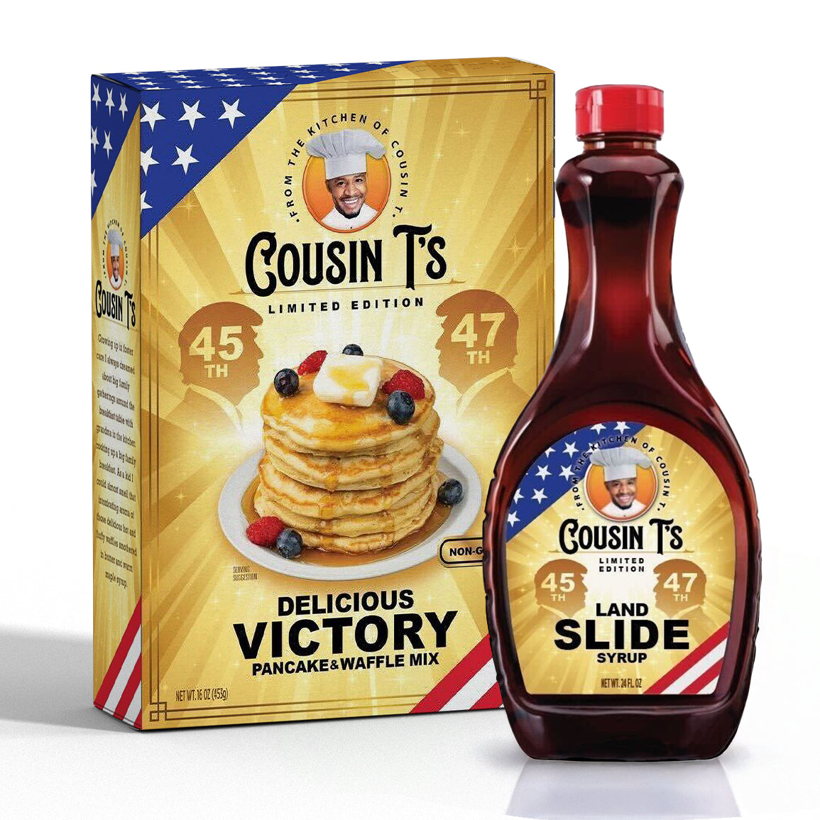 Cousin T's Gourmet Trump Victory Pancake Mix & Original Landslide Syrup Bundle